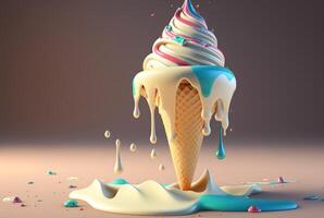 Colorful ice cream splashes, melting ice cream cone. . photo