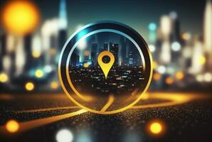 Travel and technology concept. Gps icon on bokeh city background. photo