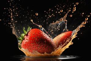 strawberry with water splash isolated on black background. photo