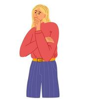 Young female with curious or pensive face, thought. Frustration, doubt and question concept. Flat vector illustration. Person character.