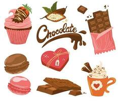 Chocolate set. Box of sweets, macaroni, pancake with strawberries in chocolate, cocoa beans and chocolate bar. World Chocolate Day. Vector flat illustration for printing, menus, packages and products