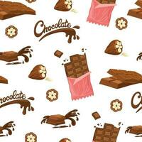 Chocolate seamless pattern. World Chocolate Day. Chocolate bar, cocoa beans and piece. Background for packaging, poster, postcard, label. Vector illustration