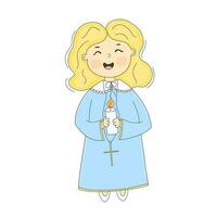 Cute little Girl in a Cassock Dress holding a Candle and singing a Prayer Vector Illustration