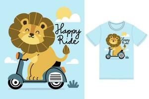 Cute lion reading scooter illustration with tshirt design premium vector