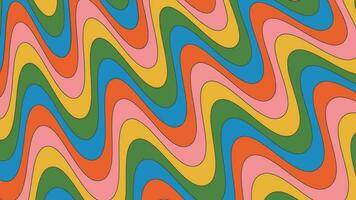 Groovy waves backdrop on rainbow colors. Psychedelic abstract curves vector background in 1970s. Hippie retro style. Fun colorful pattern