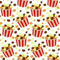 Seamless vector pattern of colored popcorn buckets on a white background. Funny print with the image of popcorn in retro style. Delicious sweet snack. Printing on textiles and paper. Theme cinema