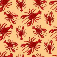 Pattern of red sea crayfish colorful seamless pattern with sharp claws and tentacles on a beige background. Living in an underwater world among crustaceans and rocks Vector bright cartoon illustration