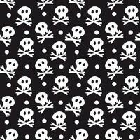 A pattern from a hand-drawn sketch of an astrakhan skull with crossed bones, white elements on a black background. The theme of the Wednesday is a pattern on a dress for black vector