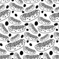 A pattern with hot dogs. Packaging for submission. The image of fast food. A bun with sausage and mustard. Monochrome drawing with hot dogs. Contour vector illustration. printing on textiles and paper