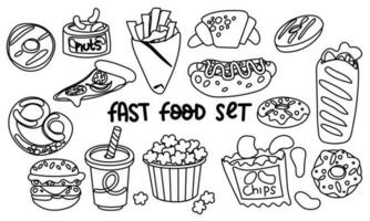 A set of fast food products highlighted on a white background in a contour style. Cartoon fast food, unhealthy burger sandwich, hamburger, pizza, snacks from the restaurant menu. Vector illustration