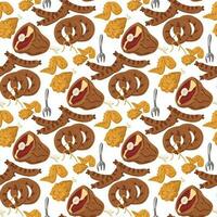 Seamless meat pattern. Color background with dried meat, sausages, breaded chicken and fork. Vector illustration for the kitchen with images of meat products. For printing on textiles and paper