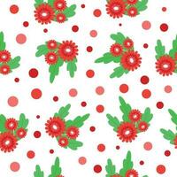 Summer floral seamless pattern with red flowers and polka dots. vector