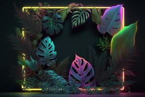 Colorful tropical leaves with neon frame on dark background. . photo