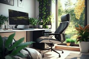 Cozy home office interior featuring furniture, houseplants and large windows to let in natural light. photo