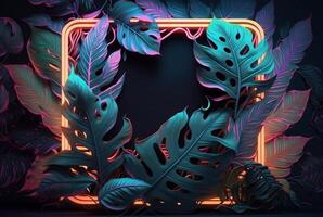 Colorful tropical leaves with neon frame on dark background. . photo