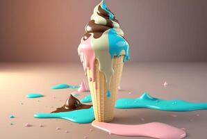 Colorful ice cream splashes, melting ice cream cone. . photo