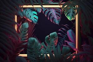 Colorful tropical leaves with neon frame on dark background. . photo