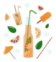 Glass bottle with orange juice, ice cream, cocktail, mint, ice, straws. Summer lemonade with ice. Soft drink. Set of cute vector stickers for diary, scrapbooking, notes, design.