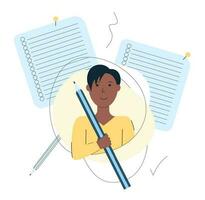 Young person with a large pencil. Concept of planning and organization. Flat character with pencil. Student. Education. vector