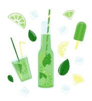 Glass bottle with lime and lemon juice, ice cream, cocktail, mint, ice, straws. Summer lemonade with ice. Soft drink. Set of cute vector stickers for diary, scrapbooking, notes, design.