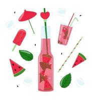 Glass bottle with watermelon juice, ice cream, cocktail, mint, ice, straws. Summer lemonade with ice. Soft drink. Set of cute vector stickers for diary, scrapbooking, notes, design.