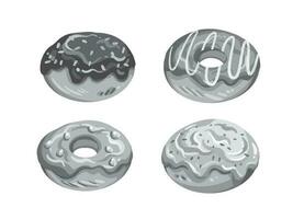 Grayscale four sweet glazed various toppings donuts pastry bakery bread vector illustration isolated on horizontal white background. Food drawing with simple and flat monochrome art style.