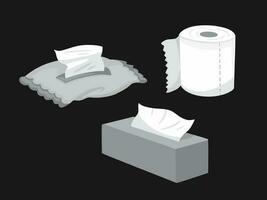 Grayscale tissue box and toilet tissue set collection vector illustration isolated on dark horizontal background. Monochrome shades of gray simple and flat styled drawing.