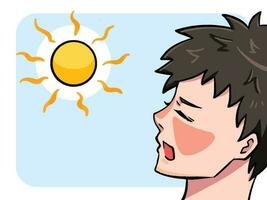 Sun burned cheeks and nose on young man face from side view with burning yellow sun illustration. Vector illustration isolated on horizontal sky background. Simple flat outlined art styled drawing.