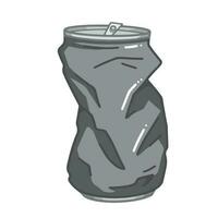 Grayscale outlined one single crushed and crumpled can bottle drink isolated on square white template. Monochrome shades of gray simple and flat styled drawing. vector