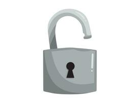 Opened or unlocked padlock vector illustration isolated on horizontal white background. Monochrome shades of gray simple and flat styled drawing.