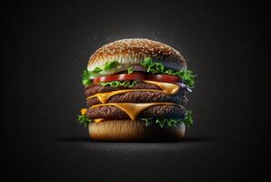 delicious and attractive hamburger with refreshing ingredients on a dark background. photo