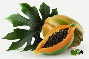 papaya with slices and leaves isolated on white background. photo