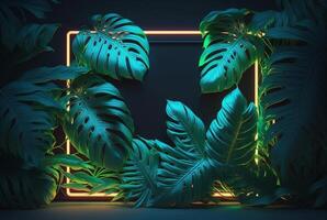 Colorful tropical leaves with neon frame on dark background. . photo