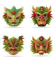 tiki mask hawaiian ancient tropical totem head face idol made of wood vector illustration isolated on white background