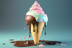 Colorful ice cream splashes, melting ice cream cone. . photo