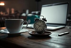 clock with a cup of coffee and a laptop on the table. business concept, photo