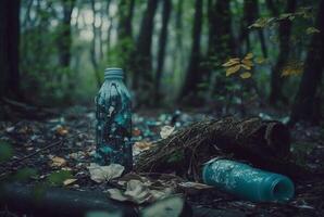 trash strewn forest.pollution concept. photo