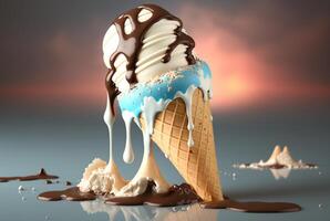 Colorful ice cream splashes, melting ice cream cone. . photo