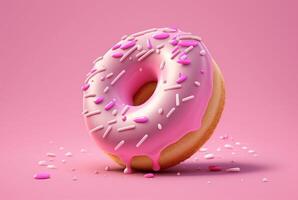 Donuts with pink icing and colorful sprinkles of sugar. On a pink background. photo