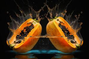 fresh papaya with water splash isolated on black background. photo