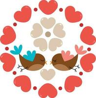 Loving birds on round frame with red hearts vector