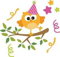 Funny birthday owl partying on top of tree branch with leave vector