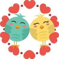 Funny couple birds on round frame with red hearts vector