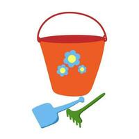 Childrens bucket with a shovel and a rake, flowers, sand toys. Clip art vector