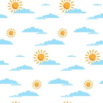 Seamless background with the image of the sky. Clouds and suns. Wrapping paper, pattern vector