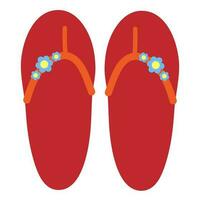 Red beach sandals with daisies. Floral flip flops. Summer shoes vector