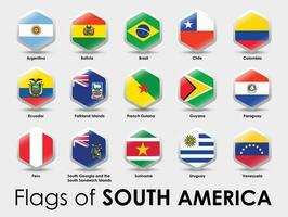 Set of South America flags. Simple Hexagon shape design on gray background. vector