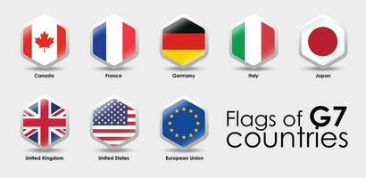 G7 summit flags Isolated icons. Group of Seven vector flags symbol. Simple Hexagon shape design.