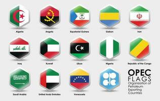 Opec countries. Flags of opec the organization of the petroleum exporting countries. Simple Hexagon shape design vector