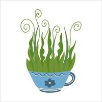 Blue mug with herbs. Hand drawn flat vector illustration. Great for posters, package, kitchen decorating.